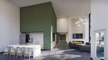 a rendering of a living room and dining room with a fireplace